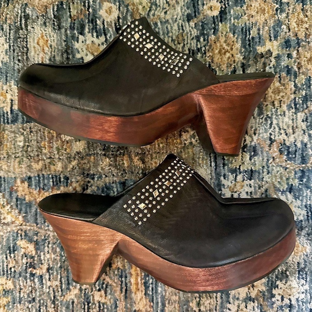 Vintage Black Leather Mules with Copper Wood Heel and Studs